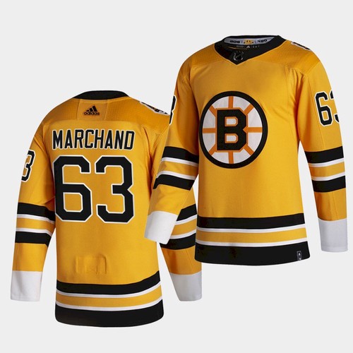 Men's Yellow Boston Bruins #63 Brad Marchand 2021 Reverse Retro Stitched Hockey Jersey