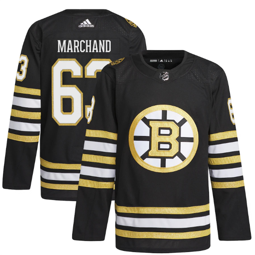 Men's Black Boston Bruins #63 Brad Marchand 100th Anniversary Primegreen Stitched Jersey
