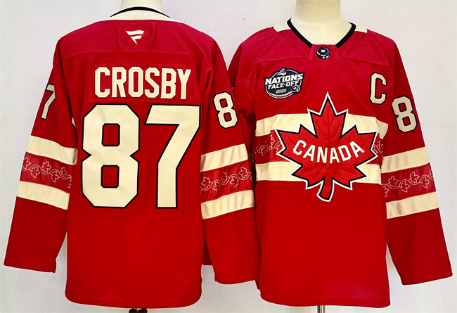 Men's Red Canada #87 Sidney Crosby 2025 4 Nations Face-Off Premium With C Patch Stitched Jersey