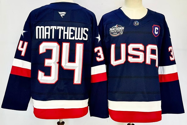 Men's Navy USA #34 Auston Matthews 2025 With C Patch 4 Nations Face-Off Stitched Jersey