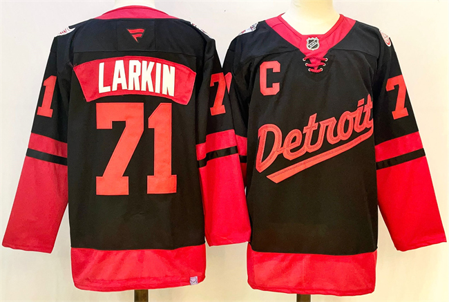 Men's Black Detroit Red Wings #71 Dylan Larkin With C Patch 2024-25 Stitched Jersey