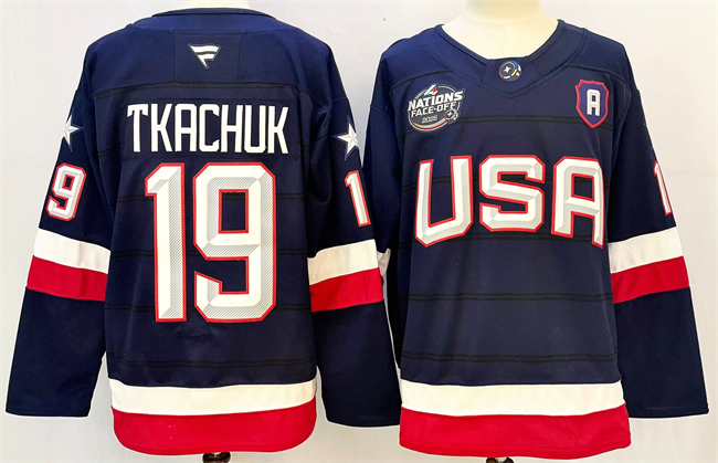 Men's Navy USA #19 Matthew Tkachuk 2025 With A Patch 4 Nations Face-Off Stitched Jersey
