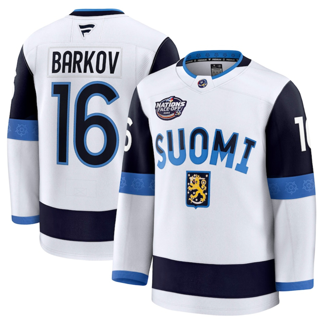 Men's White Finland #16 Aleksander Barkov 2025 4 Nations Face-Off Premium Stitched Jersey