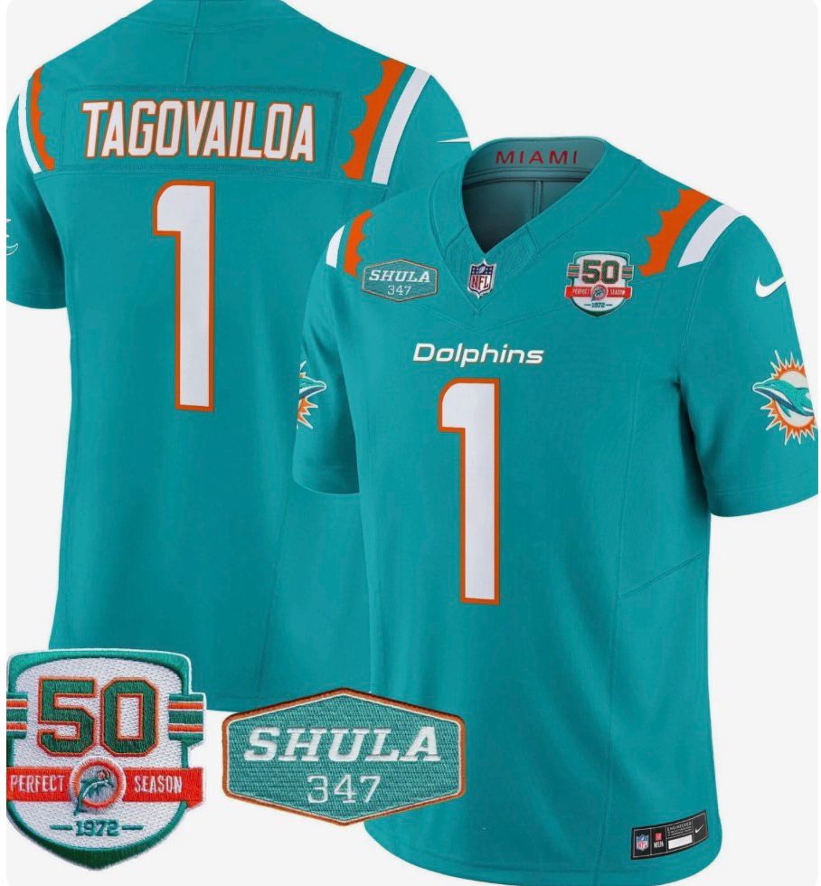 Men's Aqua Miami Dolphins #1 Jalen Tolbert 2026 F.U.S.E. With 50th Patch and 347 Patch Vapor Limited Stitched Football Jersey