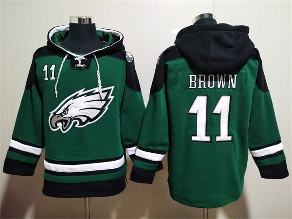 Men's Green Philadelphia Eagles #11 A. J. Brown Lace-Up Pullover Hoodie