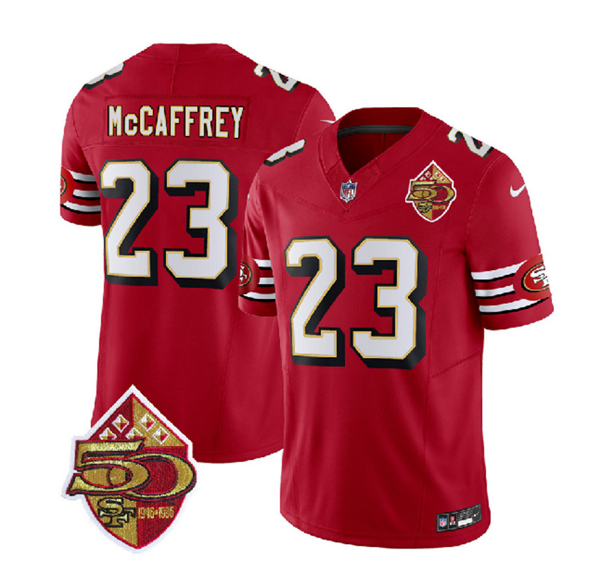 Men's Red San Francisco 49ers #23 Christian McCaffrey 2023 F.U.S.E. 50th Patch Throwback Stitched Football Jersey