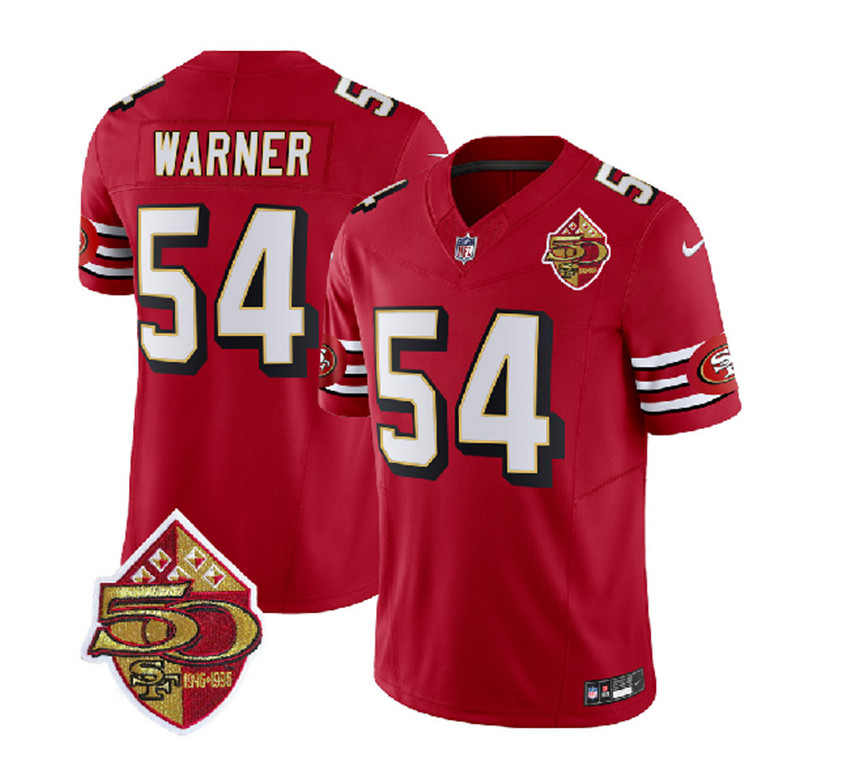 Men's Red San Francisco 49ers #54 Fred Warner 2023 F.U.S.E. 50th Patch Throwback Stitched Football Jersey