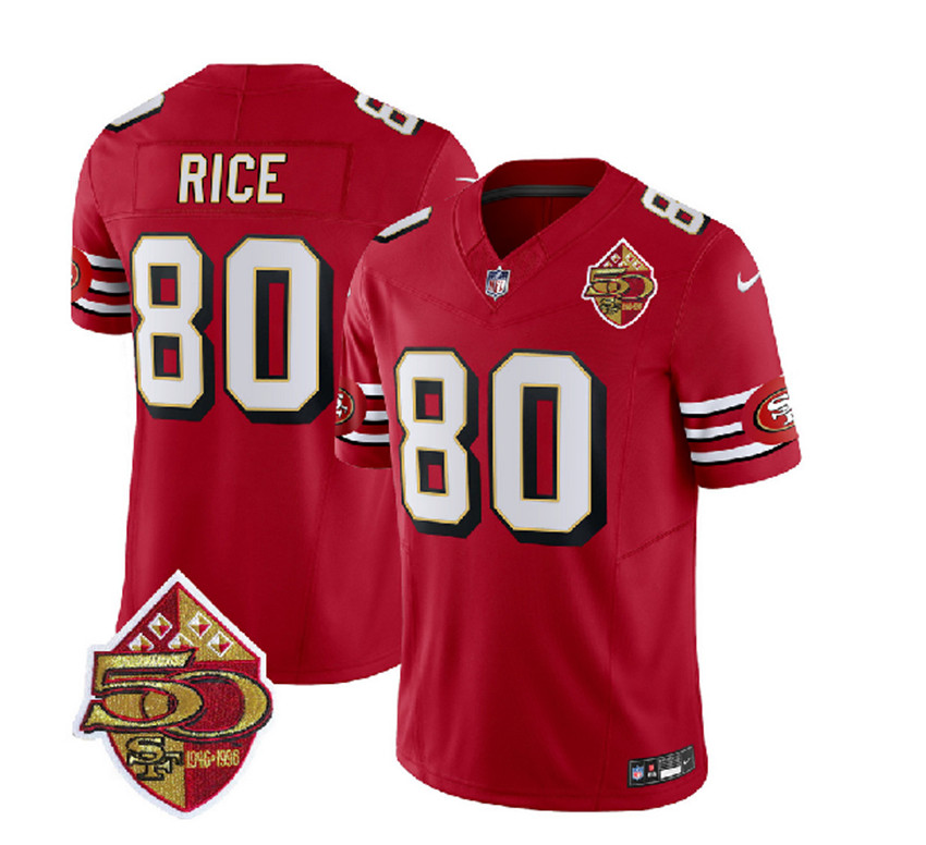 Men's Red San Francisco 49ers 80 Jerry Rice 2023 F.U.S.E. 50th Patch Throwback Stitched Football Jersey
