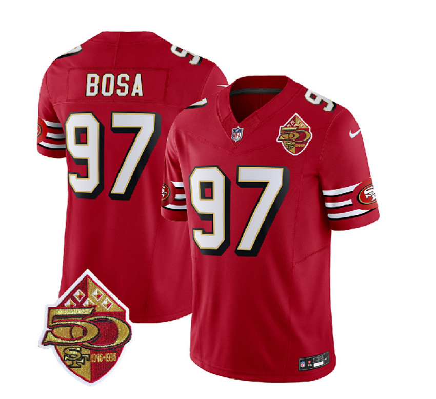 Men's Red San Francisco 49ers #97 Nick Bosa 2023 F.U.S.E. 50th Patch Throwback Stitched Football Jersey