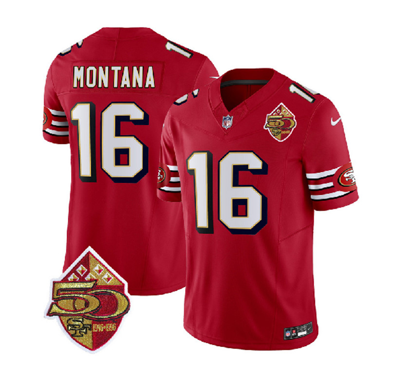 Men's Red San Francisco 49ers #16 Joe Montana 2023 F.U.S.E. 50th Patch Throwback Stitched Football Jersey
