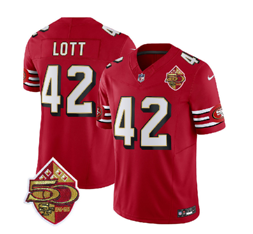Men's Red San Francisco 49ers #42 Ronnie Lott 2023 F.U.S.E. 50th Patch Throwback Stitched Football Jersey