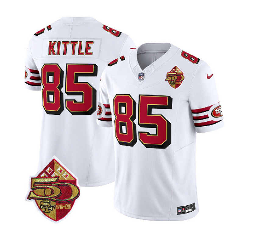 Men's White San Francisco 49ers #85 George Kittle 2023 F.U.S.E. 50th Patch Vapor Untouchable Limited Stitched Football Jersey