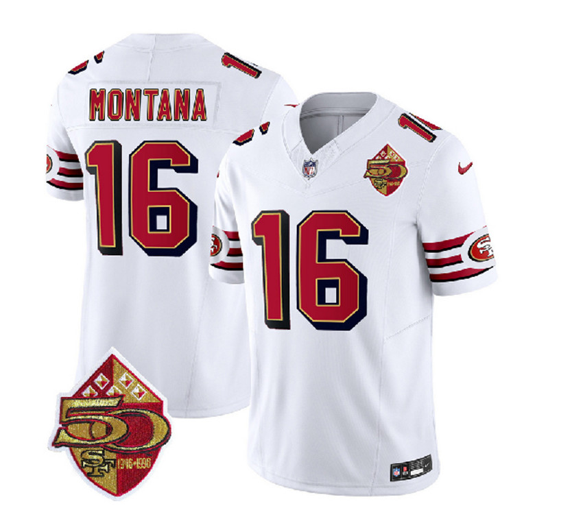 Men's White San Francisco 49ers #16 Joe Montana 2023 F.U.S.E. 50th Patch Throwback Stitched Football Jersey