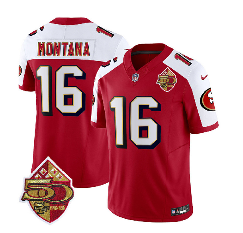 Men's Red/White San Francisco 49ers #16 Joe Montana 2023 F.U.S.E. 50th Patch Throwback Stitched Football Jersey