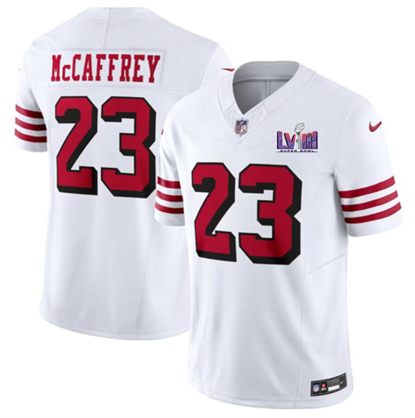 Men's New White San Francisco 49ers #23 Christian McCaffrey F.U.S.E. Super Bowl LVIII Patch Vapor Untouchable Limited Stitched Football Jersey