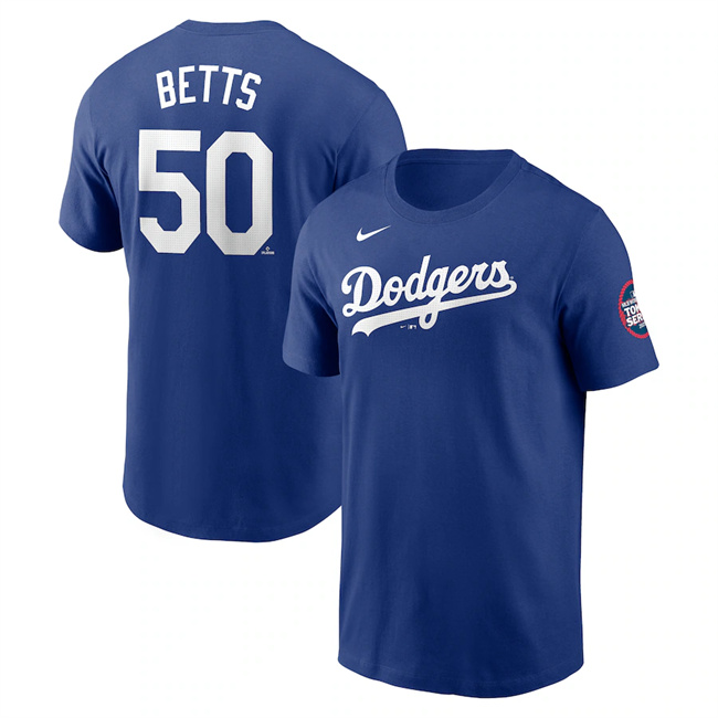 Men's Royal Los Angeles Dodgers #50 Mookie Betts 2025 Tokyo Series Name & Number T-Shirt