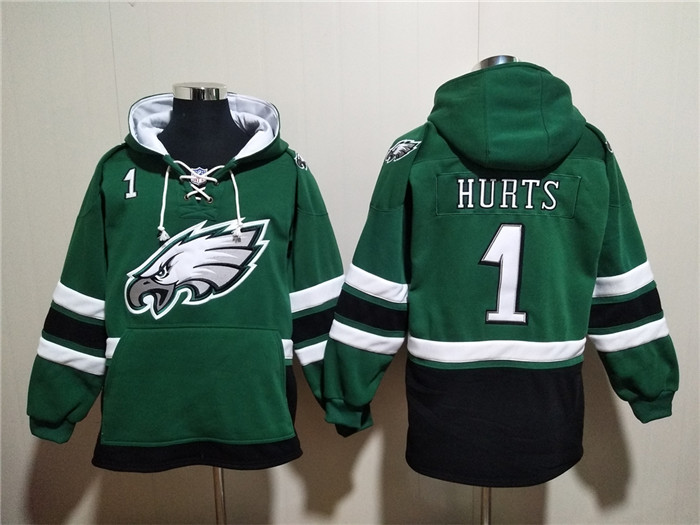 Men's Green Philadelphia Eagles #1 Jalen Hurts Lace-Up Pullover Hoodie