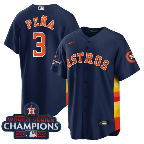 Men's Navy Houston Astros #3 Jeremy Peña 2022 World Series Champions Cool Base Stitched Baseball Jersey
