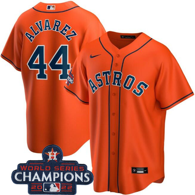 Men's Orange Houston Astros #44 Yordan Alvarez 2022 World Series Champions Home Stitched Baseball Jersey