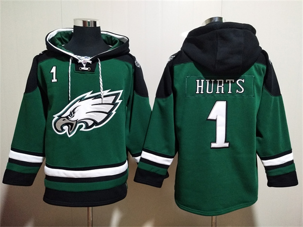 Men's Green Philadelphia Eagles #1 Jalen Hurts Lace-Up Pullover Hoodie