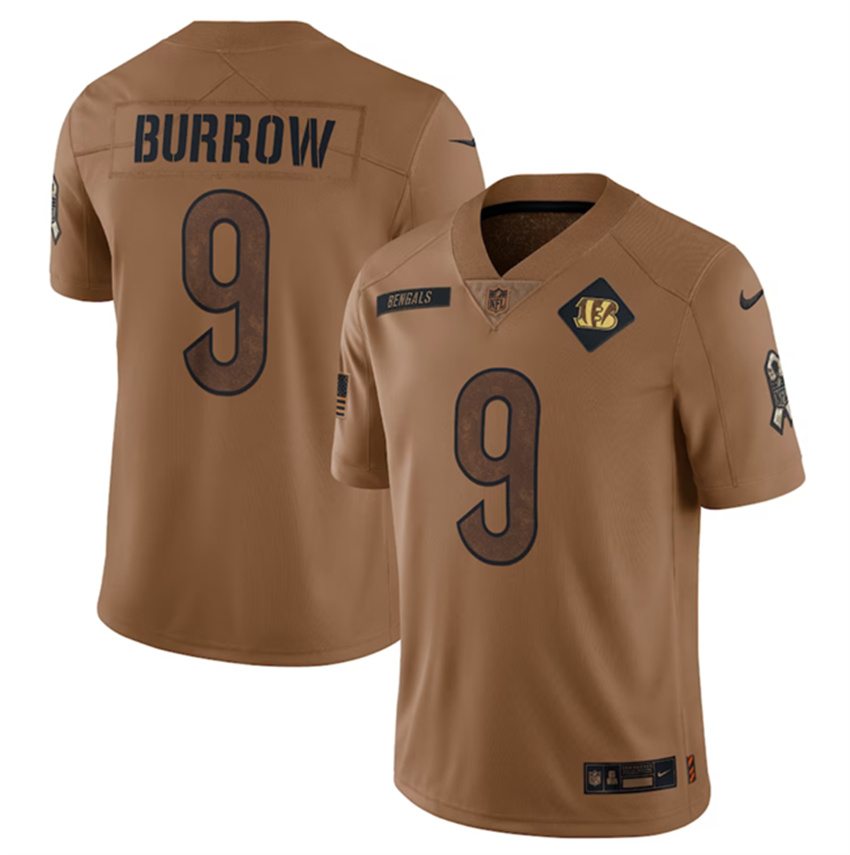 Men's Brown Cincinnati Bengals #9 Joe Burrow 2023 Salute To Service Limited Stitched Jersey