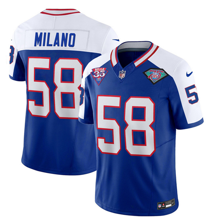 Men's Blue/White Buffalo Bills #58 Matt Milano 35th And 75th Patch 2023 F.U.S.E. Throwback Vapor Untouchable Limited Stitched Jersey
