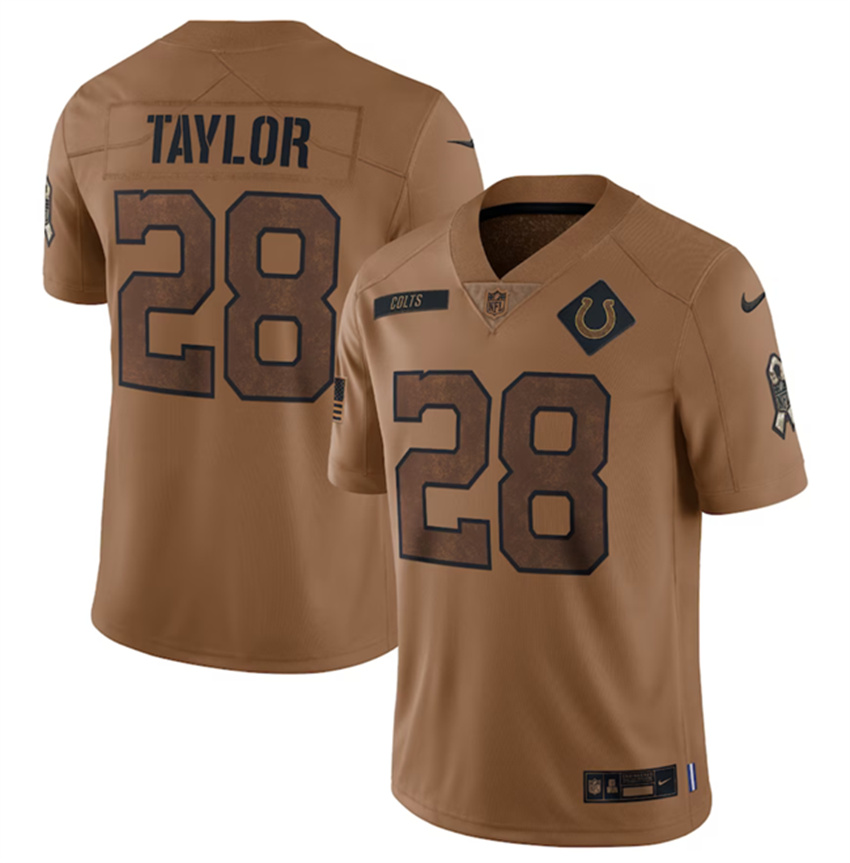Men's Brown Indianapolis Colts #28 Jonathan Taylor 2023 Salute To Sertvice Stitched Football Jersey