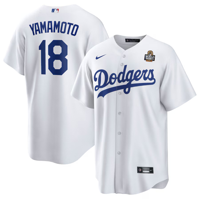 Men's White Los Angeles Dodgers #18 Yoshinobu Yamamoto 2024 World Series Cool Base Stitched Baseball Jersey