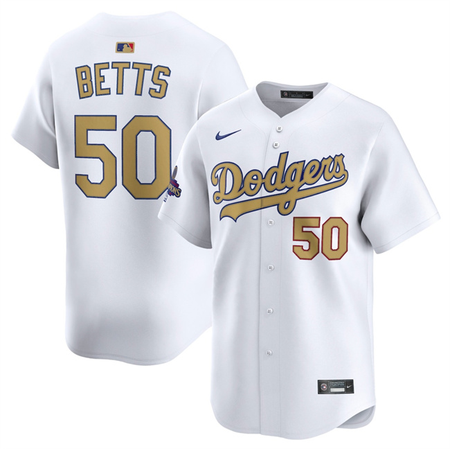 Men's White Los Angeles Dodgers #50 Mookie Betts 2025 Gold Collection Limited Stitched Baseball Jersey
