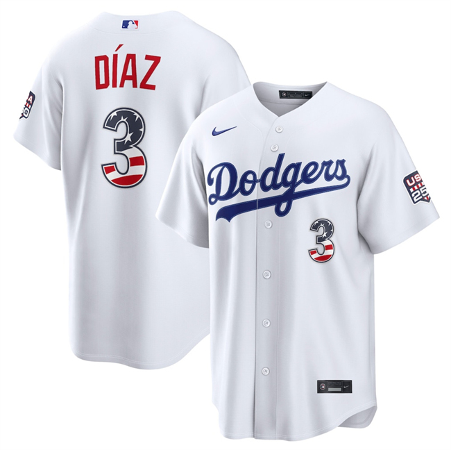 Men's White Los Angeles Dodgers #3 Edwin Díaz USA 250 Fourth of July Home Stitched Baseball Jersey
