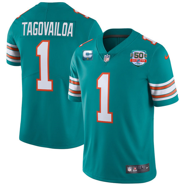 Men's Aqua Miami Dolphins #1 Tua Tagovailoa 2022 With 50th Perfect Season Patch Limited Stitched Jersey