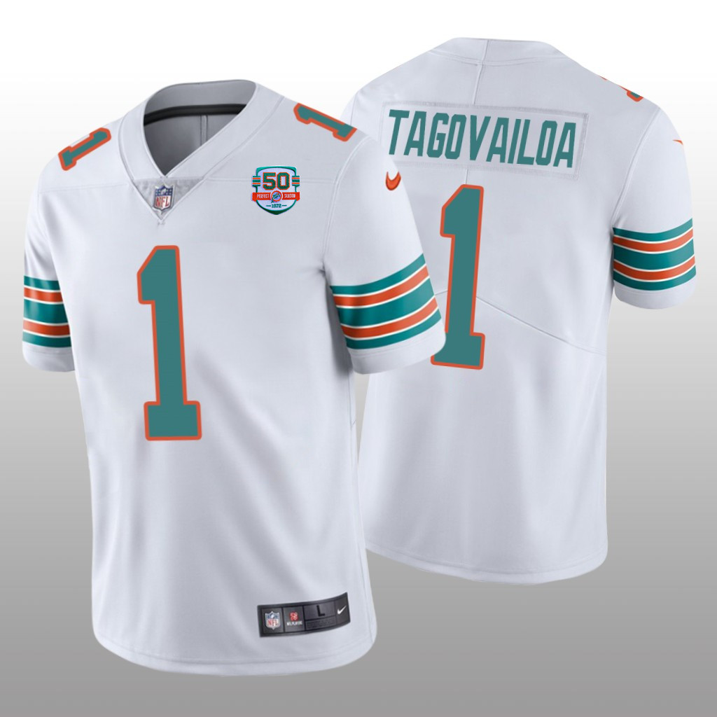 Men's White Miami Dolphins #1 Tua Tagovailoa 2022 With 50th Perfect Season Patch Limited Stitched Jersey
