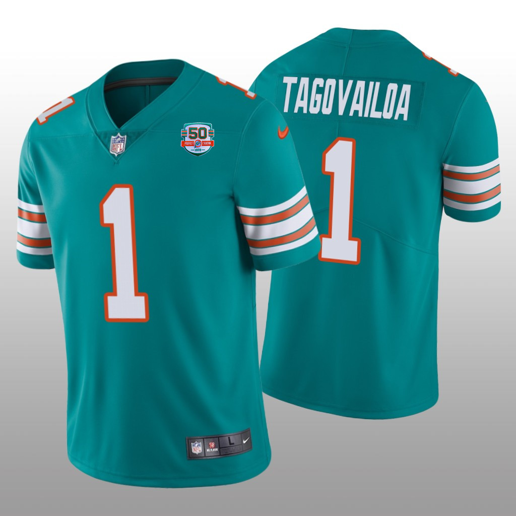 Men's Aqua Miami Dolphins #1 Tua Tagovailoa 2022 With 50th Perfect Season Patch Limited Stitched Jersey