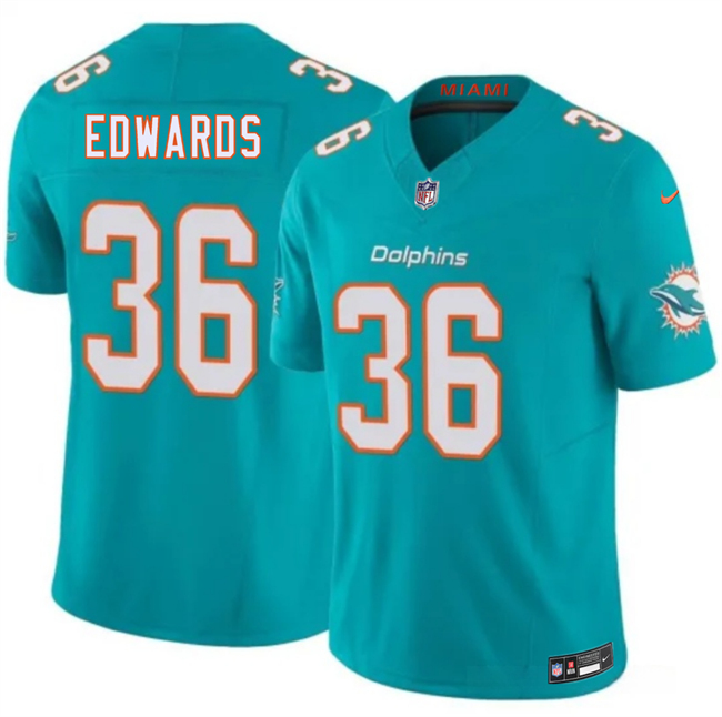 Men's Aqua Miami Dolphins #36 Donovan Edwards 2026 F.U.S.E. Vapor Limited Stitched Football Jersey