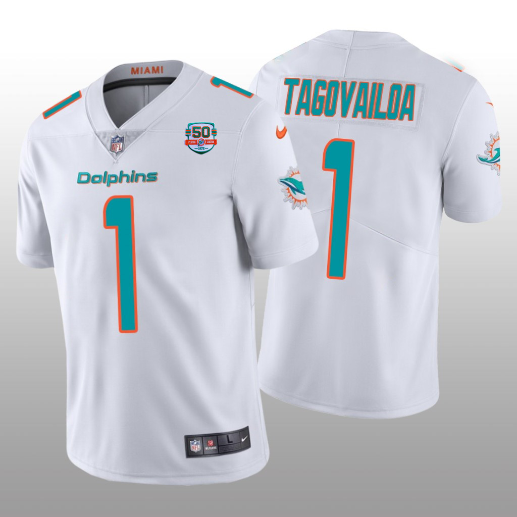 Men's White Miami Dolphins #1 Tua Tagovailoa 2022 With With 50th Perfect Season Patch Limited Stitched Jersey