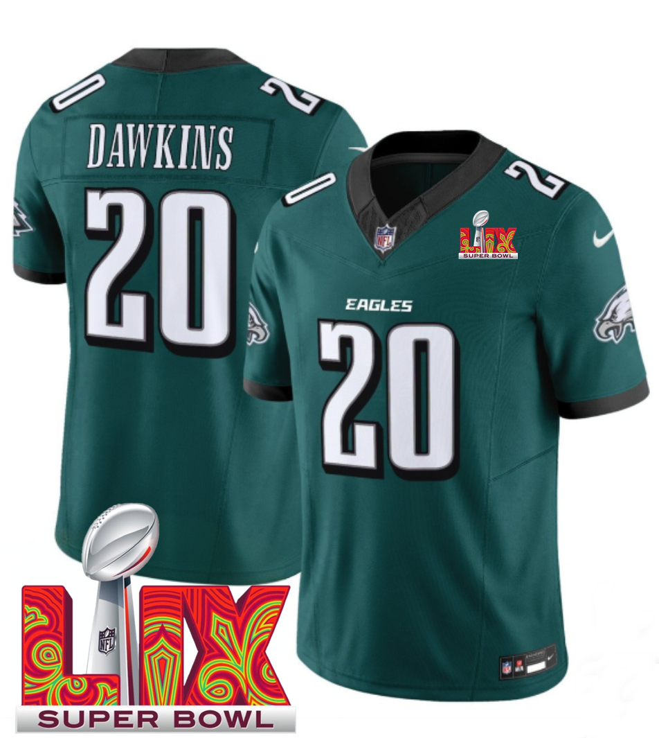 Men's Green Philadelphia Eagles #20 Brian Dawkins 2025 Super Bowl LIX Patch F.U.S.E. Vapor Limited Stitched Football Jersey