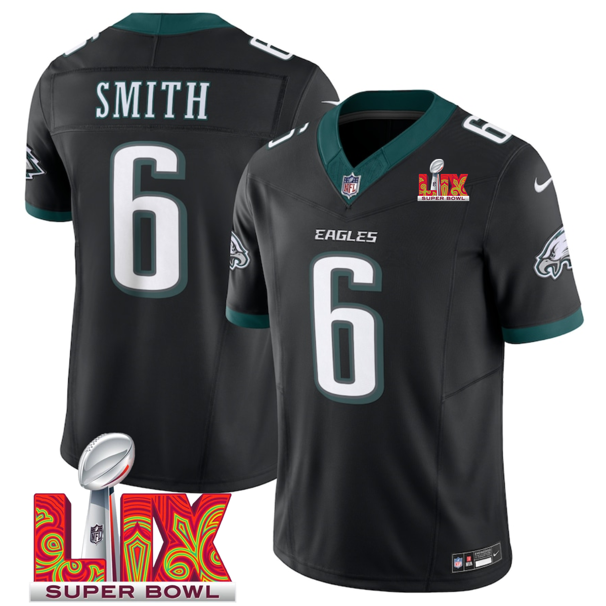 Men's Black Philadelphia Eagles #6 DeVonta Smith 2025 Super Bowl LIX Patch F.U.S.E. Vapor Limited Stitched Football Jersey