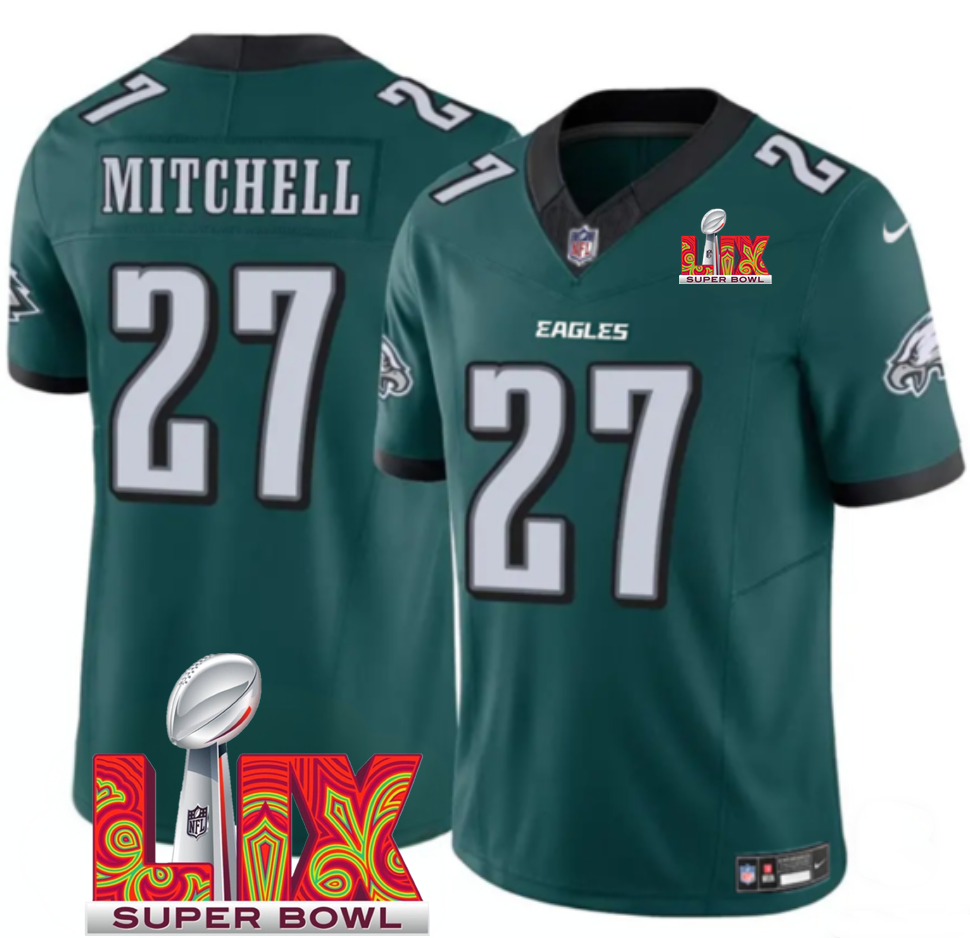 Men's Green Philadelphia Eagles #27 Quinyon Mitchell 2025 Super Bowl LIX Patch F.U.S.E. Vapor Limited Stitched Football Jersey