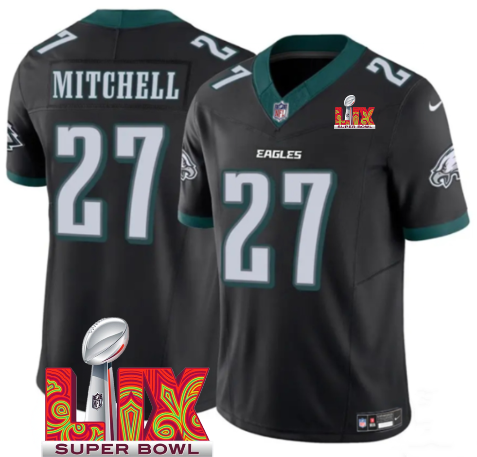 Men's Black Philadelphia Eagles #27 Quinyon Mitchell 2025 Super Bowl LIX Patch F.U.S.E. Vapor Limited Stitched Football Jersey