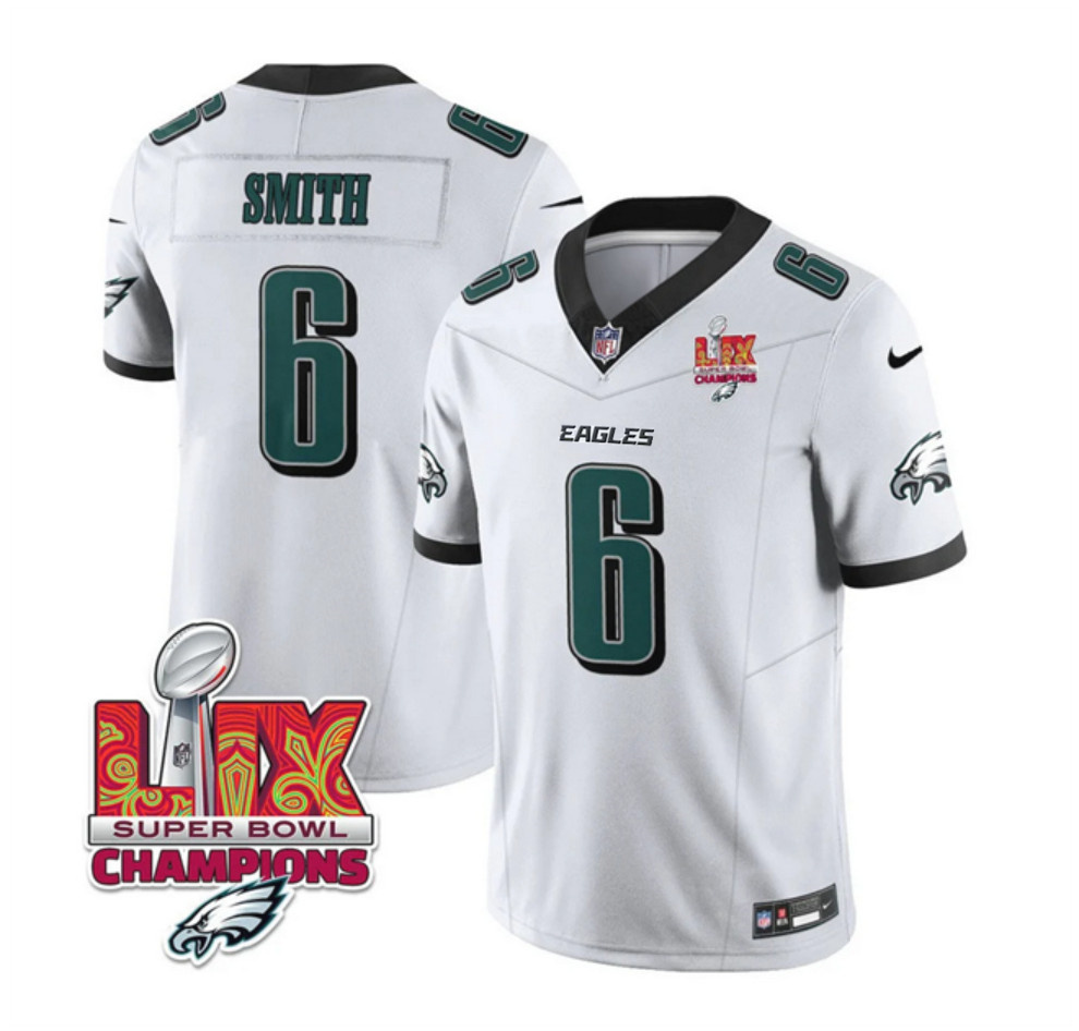 Men's White Philadelphia Eagles #6 DeVonta Smith 2025 Eagles Logo Super Bowl LIX Patch New F.U.S.E. Vapor Untouchable Limited Stitched Football Jersey