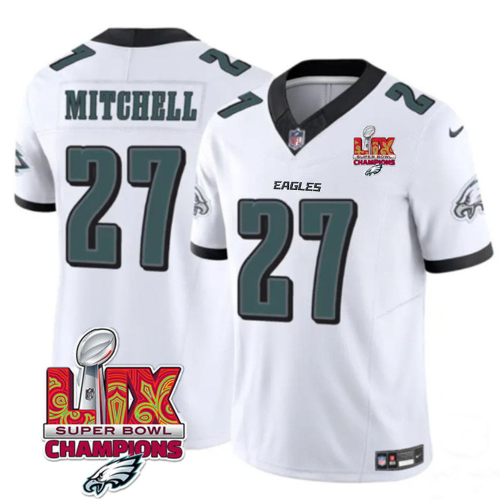 Men's White Philadelphia Eagles #27 Quinyon Mitchell 2025 Eagles Logo Super Bowl LIX Patch New F.U.S.E. Vapor Limited Stitched Football Jersey