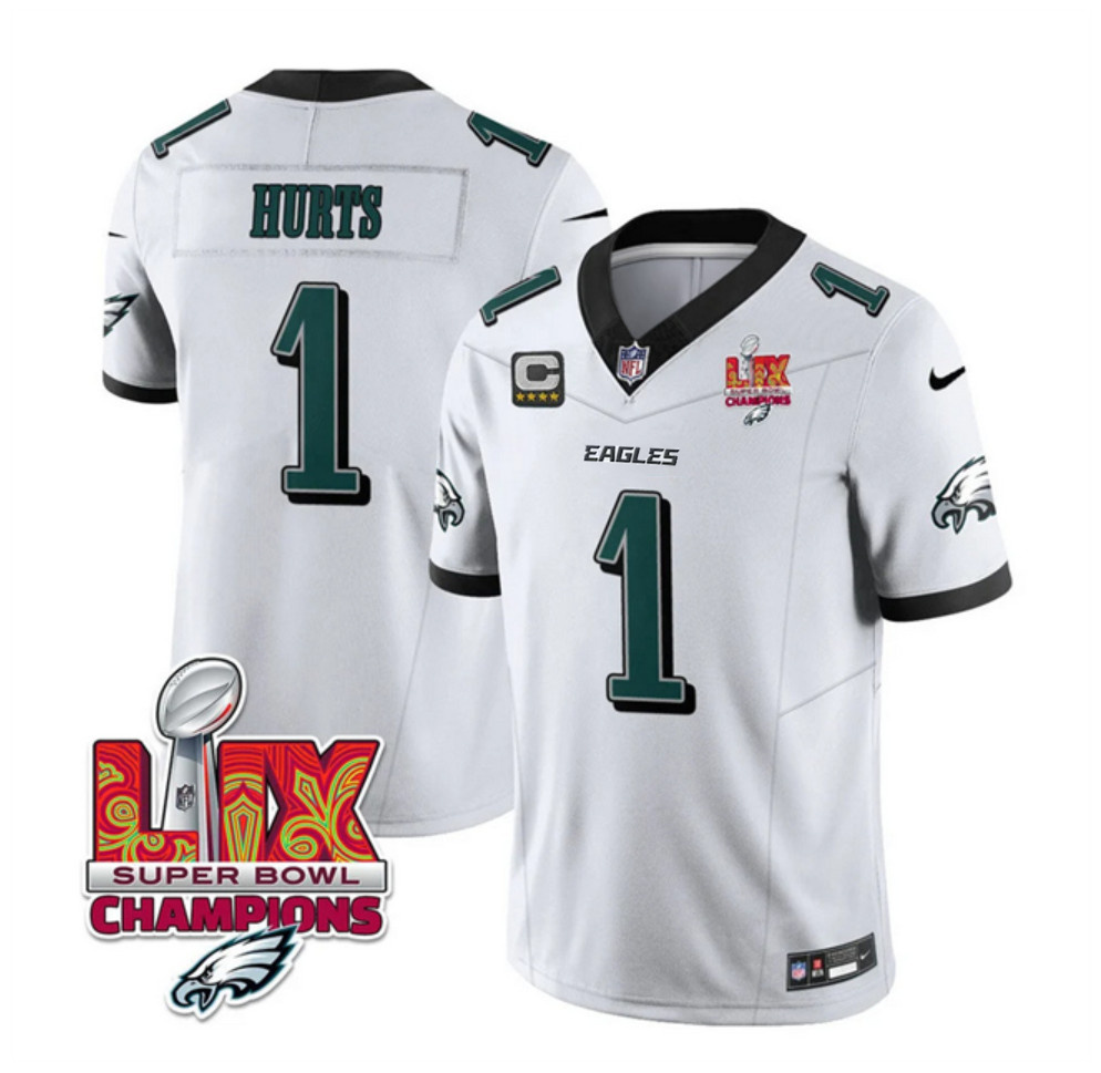 Men's White Philadelphia Eagles #1 Jalen Hurts 2025 Eagles Logo Super Bowl LIX Patch And 4-Star C Patch New F.U.S.E. Vapor Untouchable Limited Stitched Football Jersey
