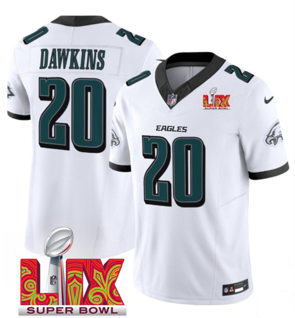 Men's White Philadelphia Eagles #20 Brian Dawkins 2025 Super Bowl LIX Patch F.U.S.E. Vapor Limited Stitched Football Jersey