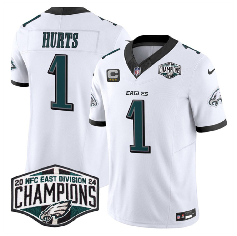 Men's White Philadelphia Eagles #1 Jalen Hurts 2024 New NFC East Champions With 3-Star C Patch F.U.S.E. Vapor Untouchable Limited Stitched Football Jersey