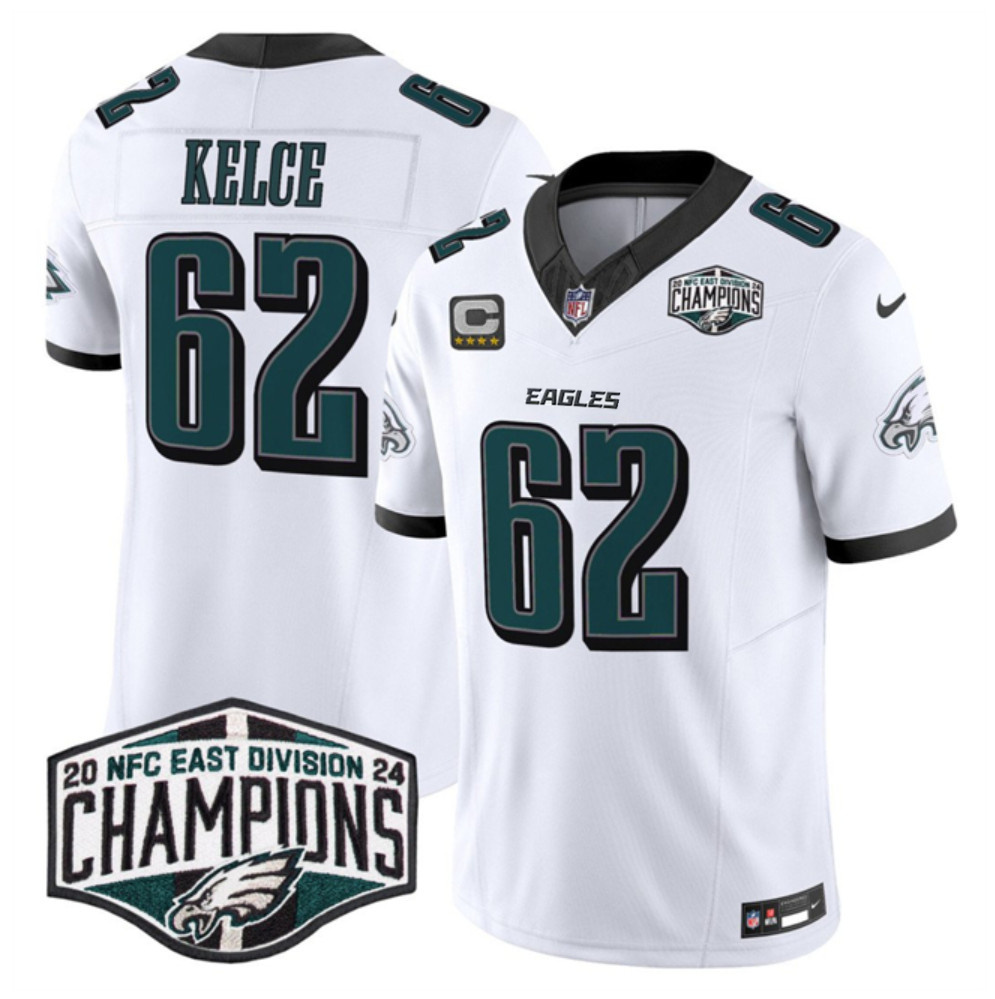 Men's White Philadelphia Eagles #62 Jason Kelce 2024 New NFC East Champions With 4-Star C Patch F.U.S.E. Vapor Untouchable Limited Stitched Football Jersey