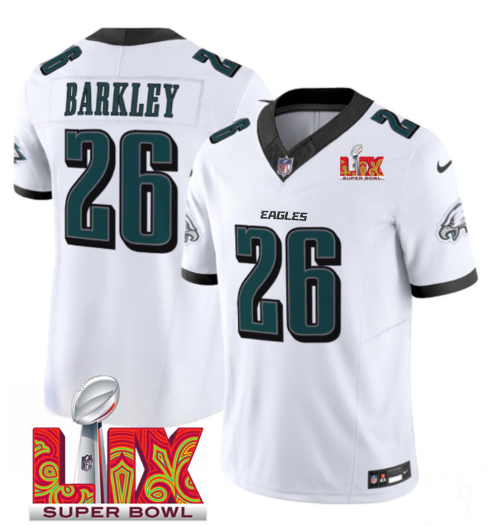 Men's White Philadelphia Eagles #26 Saquon Barkley 2025 Super Bowl LIX Patch F.U.S.E. Vapor Limited Stitched Football Jersey