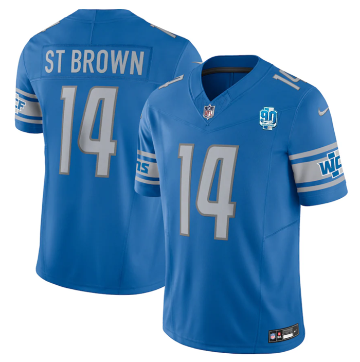 Men's Blue Detroit Lions #14 Amon-Ra St. Brown 2023 F.U.S.E. 90th Anniversary Vapor Untouchable Limited Stitched Jersey