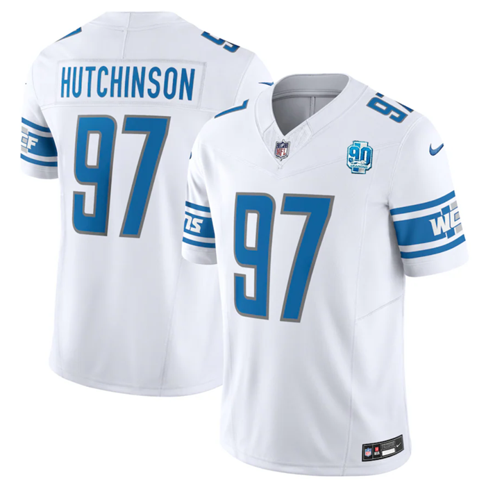 Men's White Detroit Lions #97 Aidan Hutchinson 2023 F.U.S.E. 90th Anniversary Vapor Untouchable Limited Stitched Jersey