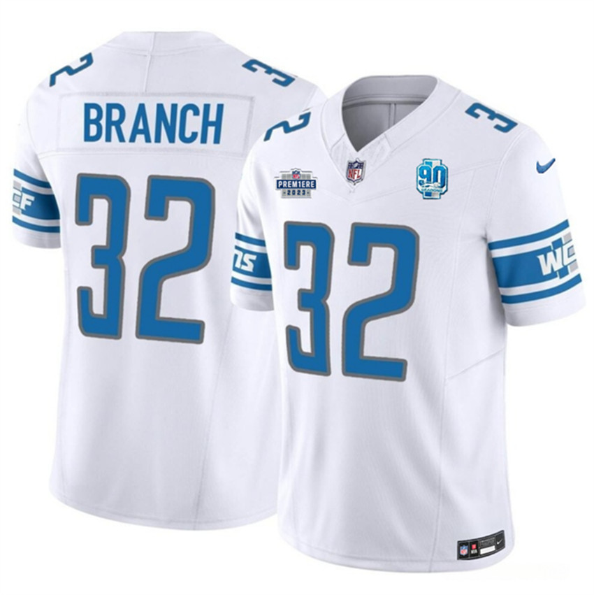 Men's White Detroit Lions #32 Brian Branch 2023 F.U.S.E. With Prem1ere Patch 90th Anniversary Vapor Untouchable Limited Stitched Football Jersey
