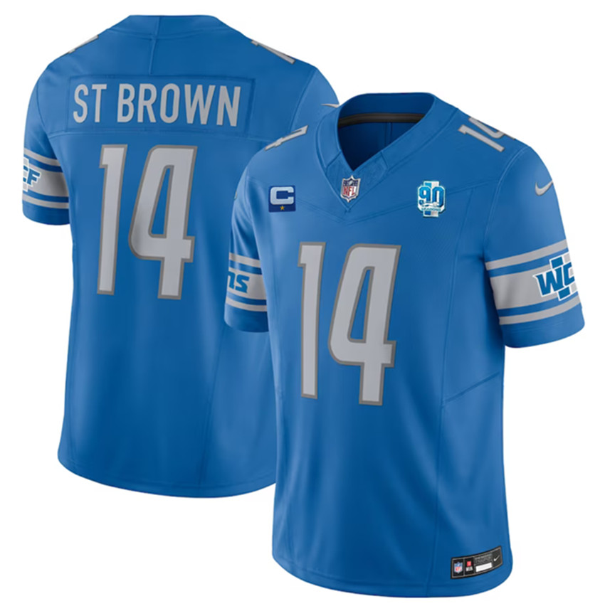 Men's Blue Detroit Lions #14 Amon-Ra St. Brown 2023 F.U.S.E. With 1-Star C Patch And 90th Anniversary Patch Vapor Untouchable Limited Stitched Jersey